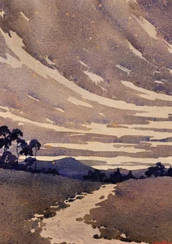 Pamono Samuel Dennis Walley Timmins, Running Stream in the Welsh Marches, 1932, Watercolor> Art Deco