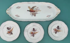 Hot Pamono Sandwich Plate Porcelain Set with Pheasants Motifs by Zsolnay Hungary, 1970s, Set of 7