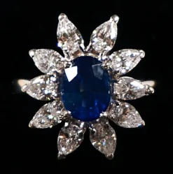 Pamono Saphire and Diamonds 18k White Gold Cocktail Halo Cluster Ring, 1970s> Rings