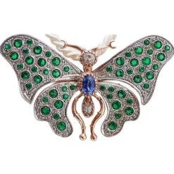 Pamono Sapphire, Diamonds, Hydrothermal Spinel, Rose Gold and Silver Butterfly Brooch> Brooches