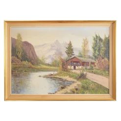 Pamono Scandinavian Artist, The Chalet at the Mountain Stream, 1970s, Oil on Canvas> Impressionist