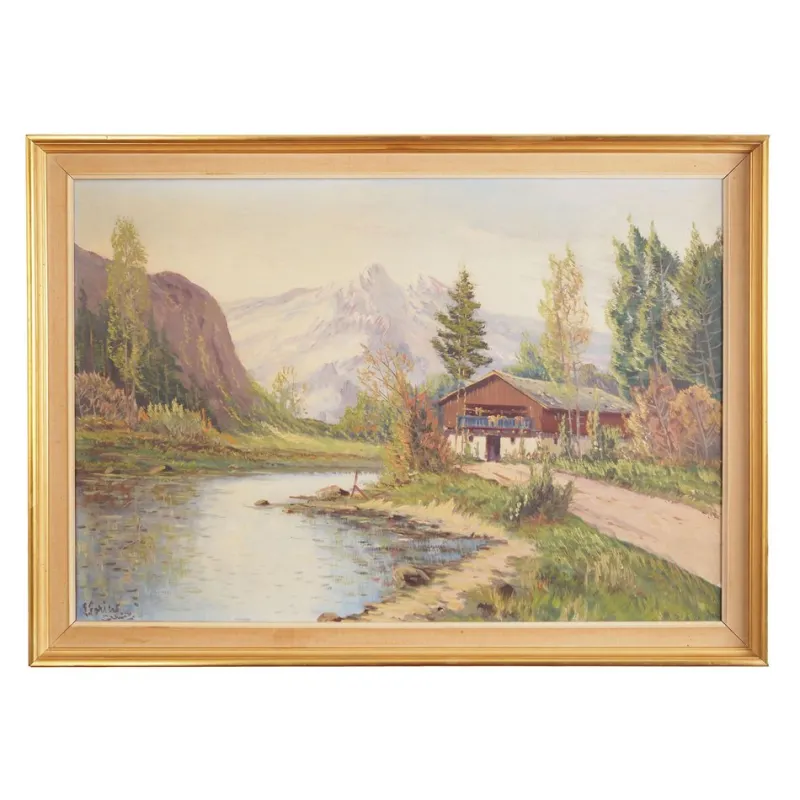 Pamono Scandinavian Artist, The Chalet at the Mountain Stream, 1970s, Oil on Canvas> Impressionist