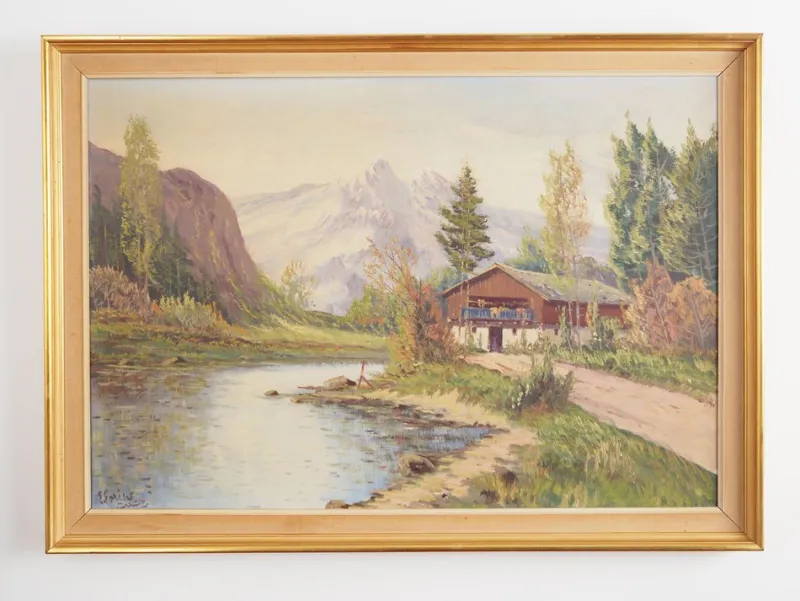 Pamono Scandinavian Artist, The Chalet at the Mountain Stream, 1970s, Oil on Canvas> Impressionist