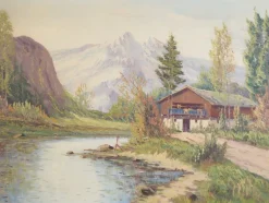 Pamono Scandinavian Artist, The Chalet at the Mountain Stream, 1970s, Oil on Canvas><noscript><img width=