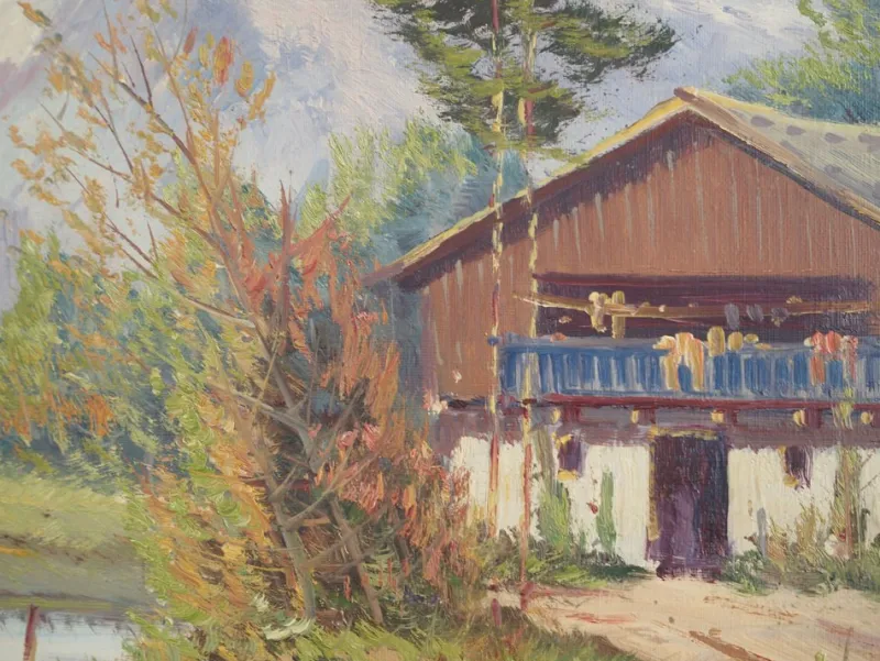 Pamono Scandinavian Artist, The Chalet at the Mountain Stream, 1970s, Oil on Canvas> Impressionist