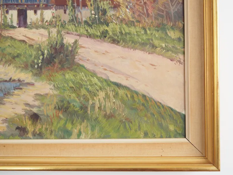 Pamono Scandinavian Artist, The Chalet at the Mountain Stream, 1970s, Oil on Canvas> Impressionist