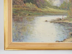 Pamono Scandinavian Artist, The Chalet at the Mountain Stream, 1970s, Oil on Canvas><noscript><img width=