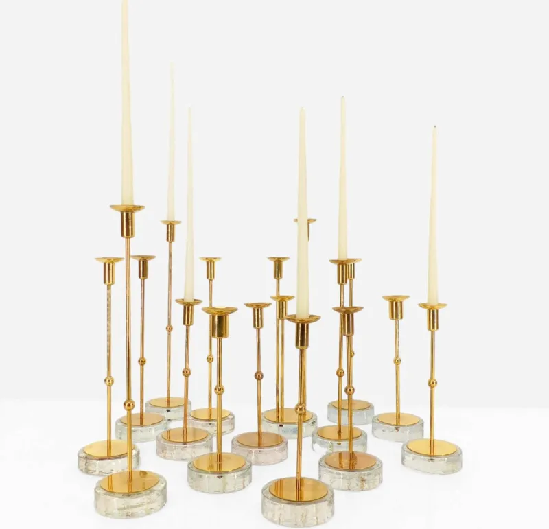 Online Pamono Scandinavian Candlesticks in Brass and Glass by Gunnar Ander for Ystad-Metall, Sweden, 1960s, Set of 15