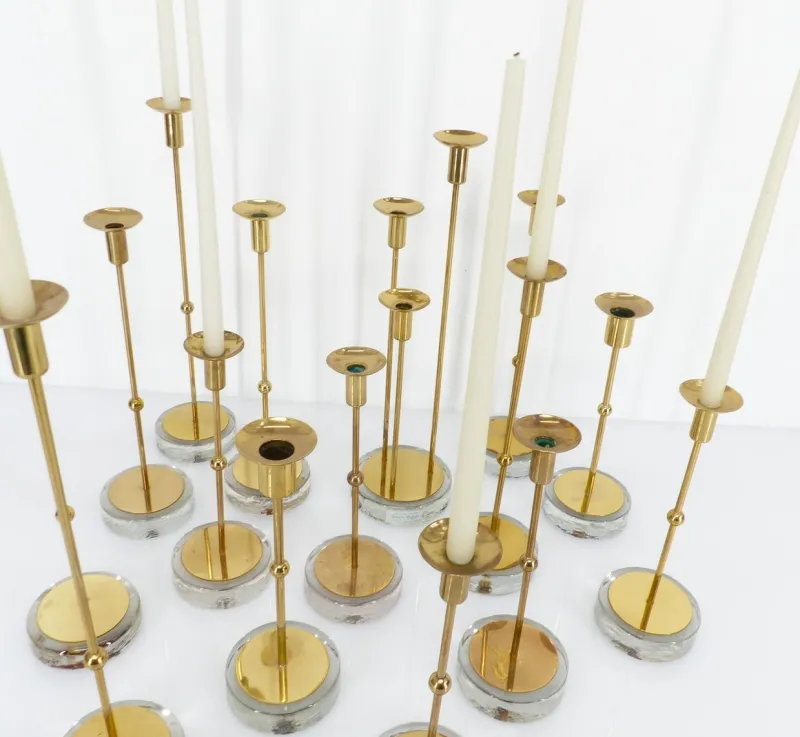 Online Pamono Scandinavian Candlesticks in Brass and Glass by Gunnar Ander for Ystad-Metall, Sweden, 1960s, Set of 15