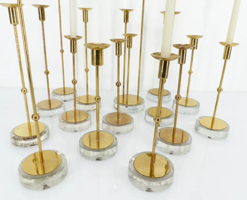 Online Pamono Scandinavian Candlesticks in Brass and Glass by Gunnar Ander for Ystad-Metall, Sweden, 1960s, Set of 15