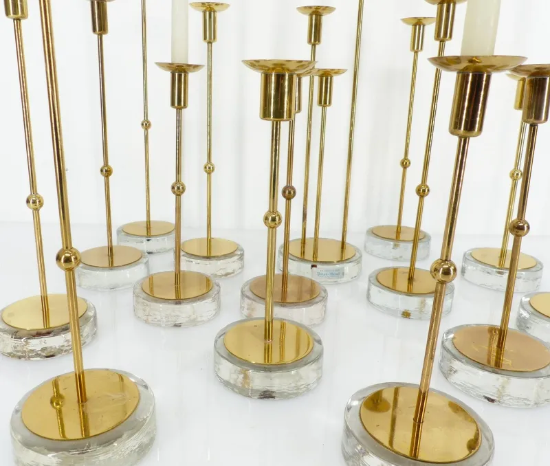 Online Pamono Scandinavian Candlesticks in Brass and Glass by Gunnar Ander for Ystad-Metall, Sweden, 1960s, Set of 15