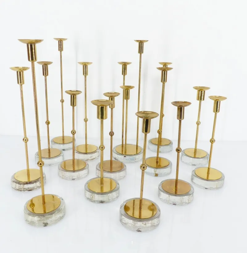 Online Pamono Scandinavian Candlesticks in Brass and Glass by Gunnar Ander for Ystad-Metall, Sweden, 1960s, Set of 15