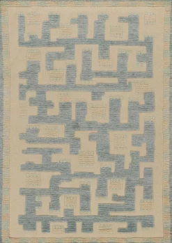 Pamono Scandinavian Style Rug in Blue and Beige Geometric Patterns from R&K Principal Jahanshah Nazmiyal