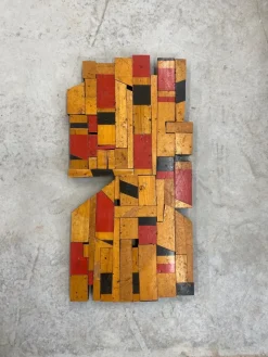 Pamono Scott Troxel, Red Raider, 2024, Acrylic & Oil on Repurposed Flooring> Sculpture