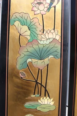 Pamono Screen in Chinese Lacquer with Enamel and Lotus Flower Decorations, 1950s><noscript><img width=