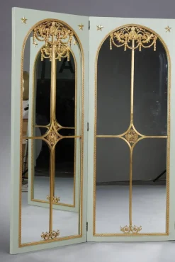 Pamono Screen Room Divider with Mirrors on Each Panel in Lacquered Wood and Gilt Bronze, 1880><noscript><img width=