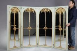 Pamono Screen Room Divider with Mirrors on Each Panel in Lacquered Wood and Gilt Bronze, 1880><noscript><img width=