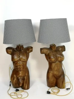 New Pamono Sculptural Solid Wood Torso Lamps, 1970s, Set of 2