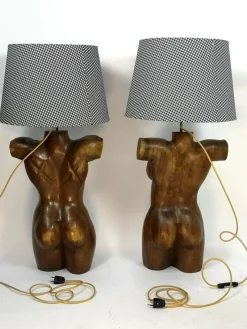 New Pamono Sculptural Solid Wood Torso Lamps, 1970s, Set of 2