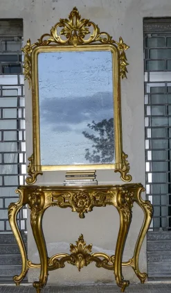 Outlet Pamono Second Half of the 20th Century Console with Mirror in Carved and Gilded Wood, France, 1890s, Set of 2