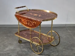 Pamono Serving Drink Bar Cart Trolley with Side Flaps in Marquetry Inlays, 1970s> Serving Bar Carts & Trolleys