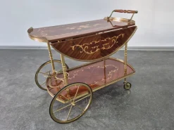 Pamono Serving Drink Bar Cart Trolley with Side Flaps in Marquetry Inlays, 1970s><noscript><img width=