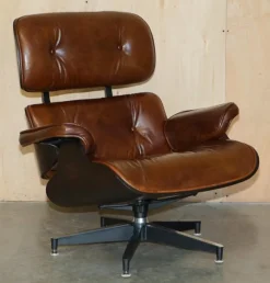 Discount Pamono Set of Brown Leather Lounge Chair and Ottoman with Bentwood Frame
