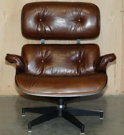 Discount Pamono Set of Brown Leather Lounge Chair and Ottoman with Bentwood Frame