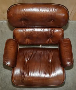 Discount Pamono Set of Brown Leather Lounge Chair and Ottoman with Bentwood Frame