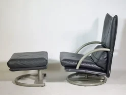 Pamono Set of Leather BMP 418 Swivel Chair and Ottoman from Rolf Benz, 1980s><noscript><img width=
