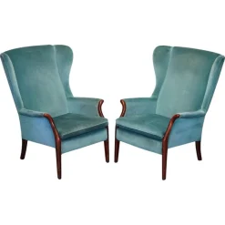 New Pamono Set of Vintage Blue Fabric Wingback Chairs