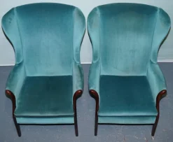 New Pamono Set of Vintage Blue Fabric Wingback Chairs