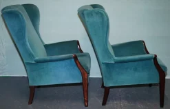New Pamono Set of Vintage Blue Fabric Wingback Chairs