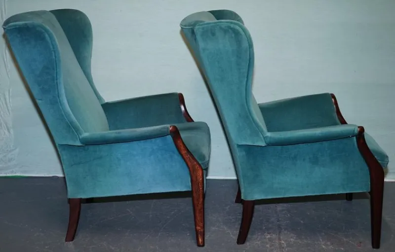New Pamono Set of Vintage Blue Fabric Wingback Chairs