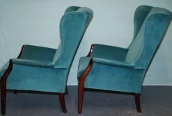 New Pamono Set of Vintage Blue Fabric Wingback Chairs