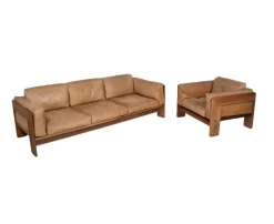 Pamono Set of Wood & Leather Bastiano Seating Set by Tobia Scarpa for Gavina, Italy, 1960s><noscript><img width=