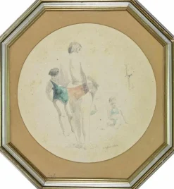 Discount Pamono Sigfrido Oliva, At the Beach, Pencil and Watercolor, 1980s, Framed