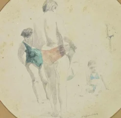 Discount Pamono Sigfrido Oliva, At the Beach, Pencil and Watercolor, 1980s, Framed