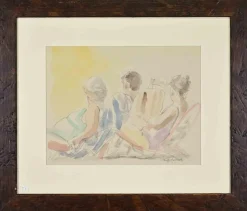 Online Pamono Sigfrido Oliva, At the Beach, Pencil and Watercolor, 1980s, Framed