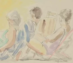 Online Pamono Sigfrido Oliva, At the Beach, Pencil and Watercolor, 1980s, Framed