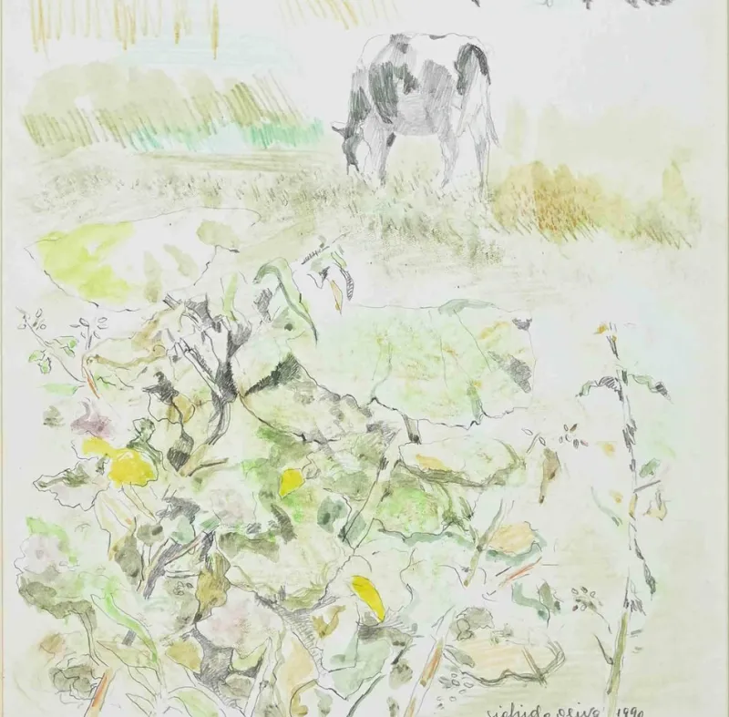 Hot Pamono Sigfrido Oliva, In the Countryside, Mixed Media Drawing, 1990