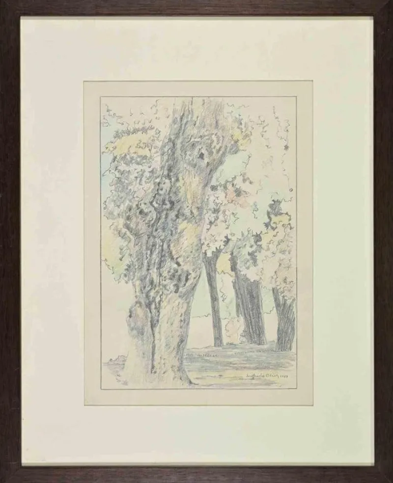 Pamono Sigfrido Oliva, In the Wood, Pencil and Watercolor, 1989, Framed> Work On Paper
