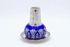 Pamono Silver and Cut Glass Night Bottle & Coaster with Flower Engravings, Set of 2> Bottles, Carafes & Jugs