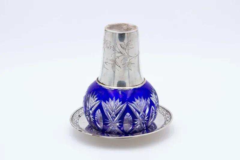 Pamono Silver and Cut Glass Night Bottle & Coaster with Flower Engravings, Set of 2> Bottles, Carafes & Jugs