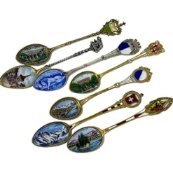 Clearance Pamono Silver and Enamel Spoons from Various Places in Europe, Set of 7
