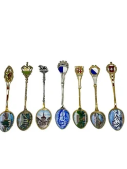 Clearance Pamono Silver and Enamel Spoons from Various Places in Europe, Set of 7