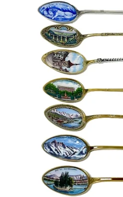 Clearance Pamono Silver and Enamel Spoons from Various Places in Europe, Set of 7