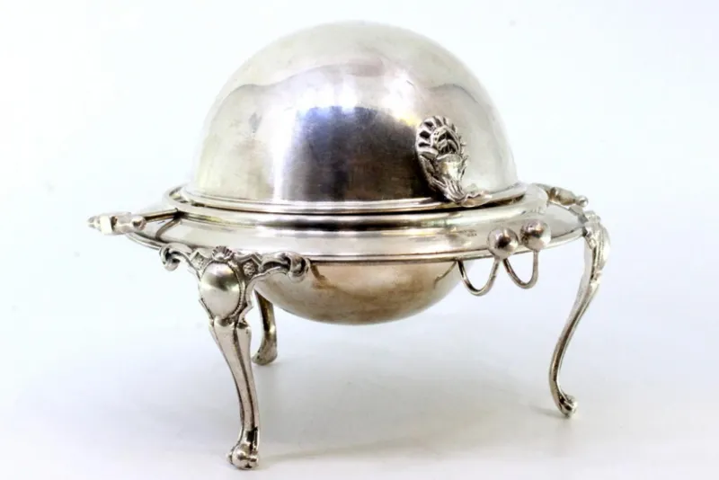 Clearance Pamono Silver and Glass Caviar Bowl with Applications, Knob Lid and Claw-Shaped Feet