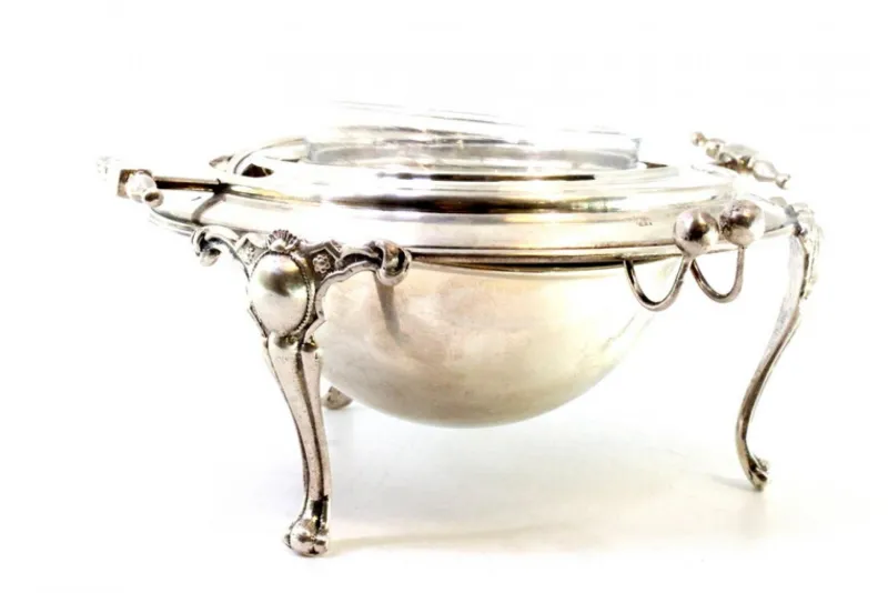 Clearance Pamono Silver and Glass Caviar Bowl with Applications, Knob Lid and Claw-Shaped Feet