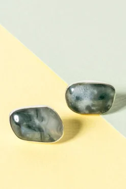 Pamono Silver and Moss Agate Earrings from Gussi, 1957, Set of 2> Earrings